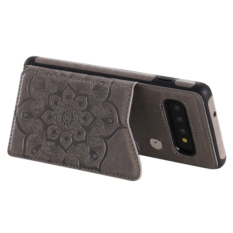 For Samsung Galaxy S10 5G Flower Embossing Pattern Shockproof Protective Case with Holder & Card Slots & Photo Frame(Grey) by buy2fix