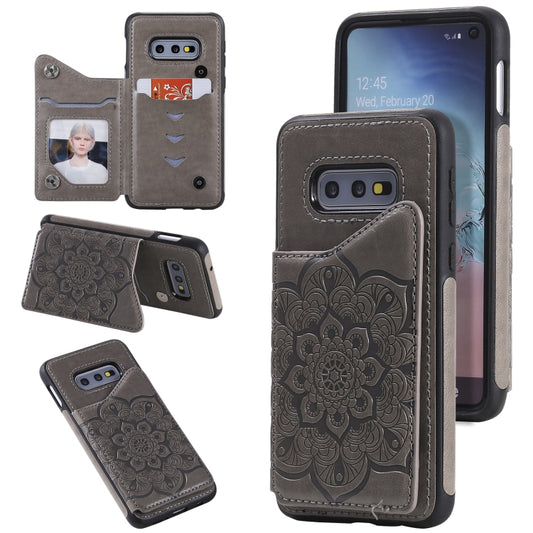 For Samsung Galaxy S10e Flower Embossing Pattern Shockproof Protective Case with Holder & Card Slots & Photo Frame(Grey) by buy2fix