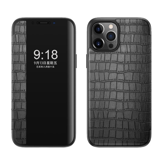 For iPhone 12 / 12 Pro Crocodile Texture Display Window Horizontal Flip Leather Case(Black) - iPhone 12 / 12 Pro Cases by buy2fix | Online Shopping UK | buy2fix