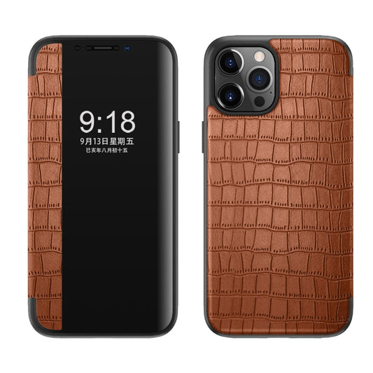 For iPhone 12 / 12 Pro Crocodile Texture Display Window Horizontal Flip Leather Case(Brown) - iPhone 12 / 12 Pro Cases by buy2fix | Online Shopping UK | buy2fix