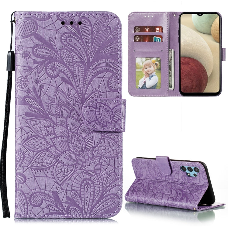 For Samsung Galaxy A32 4G Lace Flower Embossing Pattern Horizontal Flip Leather Case with Holder & Card Slots & Wallet & Photo Frame(Purple) by buy2fix