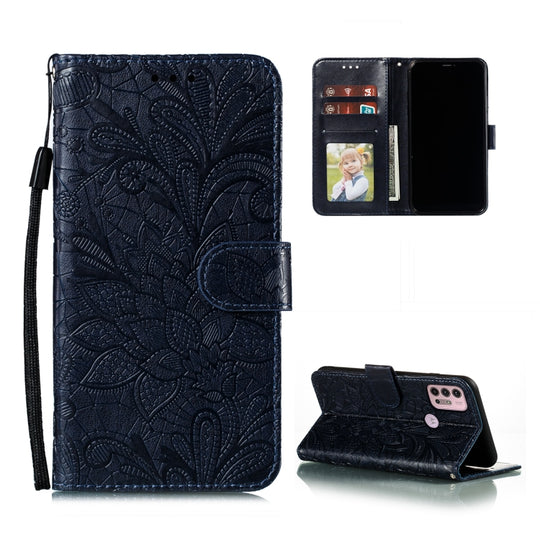 For Motorola Moto G30 Lace Flower Embossing Pattern Horizontal Flip Leather Case with Holder & Card Slots & Wallet & Photo Frame(Dark Blue)
