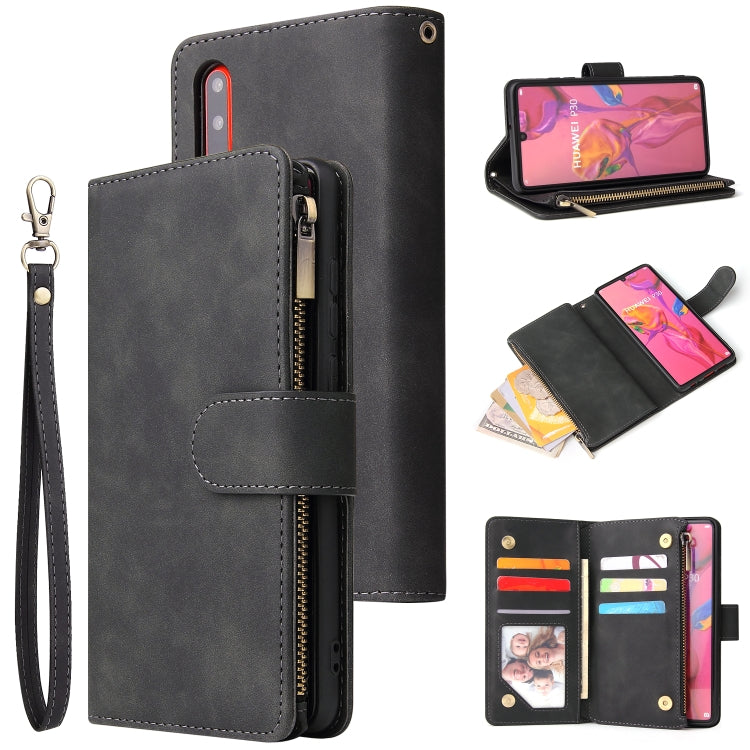 For Huawei P30 Multifunctional Retro Frosted Horizontal Flip Leather Case with Card Slot & Holder & Zipper Wallet & Photo Frame & Lanyard(Black) by buy2fix
