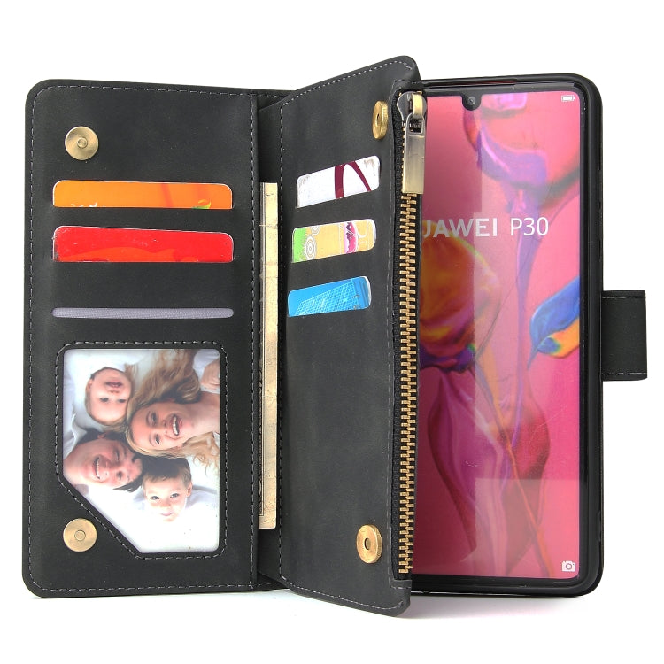 For Huawei P30 Multifunctional Retro Frosted Horizontal Flip Leather Case with Card Slot & Holder & Zipper Wallet & Photo Frame & Lanyard(Black) by buy2fix