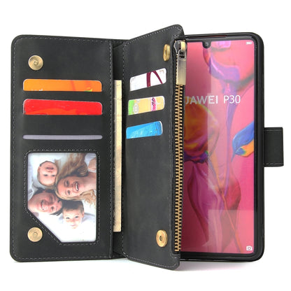 For Huawei P30 Multifunctional Retro Frosted Horizontal Flip Leather Case with Card Slot & Holder & Zipper Wallet & Photo Frame & Lanyard(Black) by buy2fix