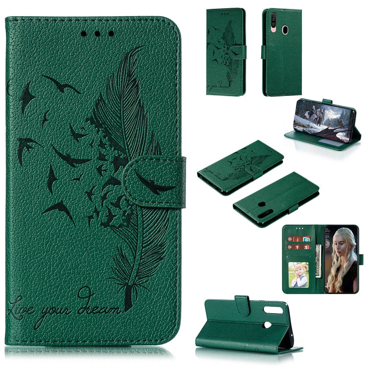 For Galaxy A20s Feather Pattern Litchi Texture Horizontal Flip Leather Case with Holder & Wallet & Card Slots(Green) by buy2fix