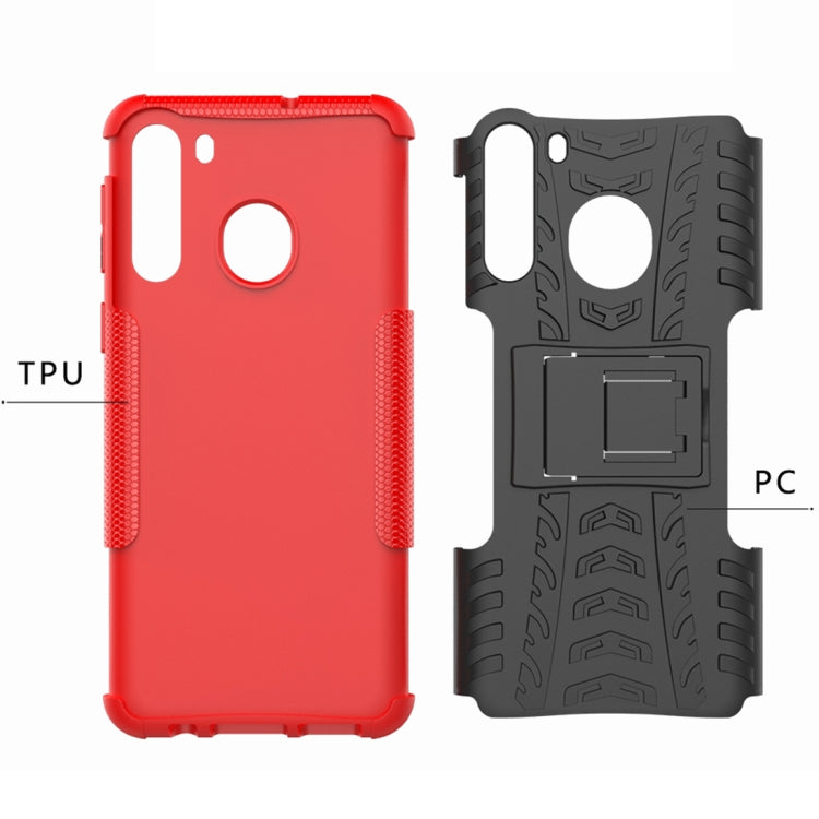 For Samsung Galaxy A21 (US Version) Tire Texture Shockproof TPU+PC Protective Case with Holder(Rose Red) by buy2fix