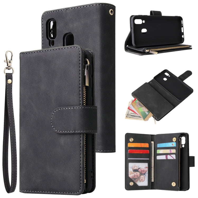 For Galaxy A40 Multifunctional Retro Frosted Horizontal Flip Leather Case with Card Slot & Holder & Zipper Wallet & Photo Frame & Lanyard(Black) by buy2fix