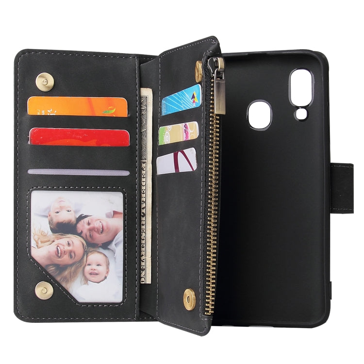 For Galaxy A40 Multifunctional Retro Frosted Horizontal Flip Leather Case with Card Slot & Holder & Zipper Wallet & Photo Frame & Lanyard(Black) by buy2fix