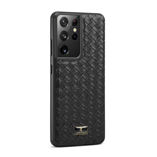 For Samsung Galaxy S21 Ultra 5G Fierre Shann Leather Texture Phone Back Cover Case(Woven Black) - Galaxy S21 Ultra 5G Cases by FIERRE SHANN | Online Shopping UK | buy2fix