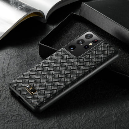For Samsung Galaxy S21 Ultra 5G Fierre Shann Leather Texture Phone Back Cover Case(Woven Black) - Galaxy S21 Ultra 5G Cases by FIERRE SHANN | Online Shopping UK | buy2fix