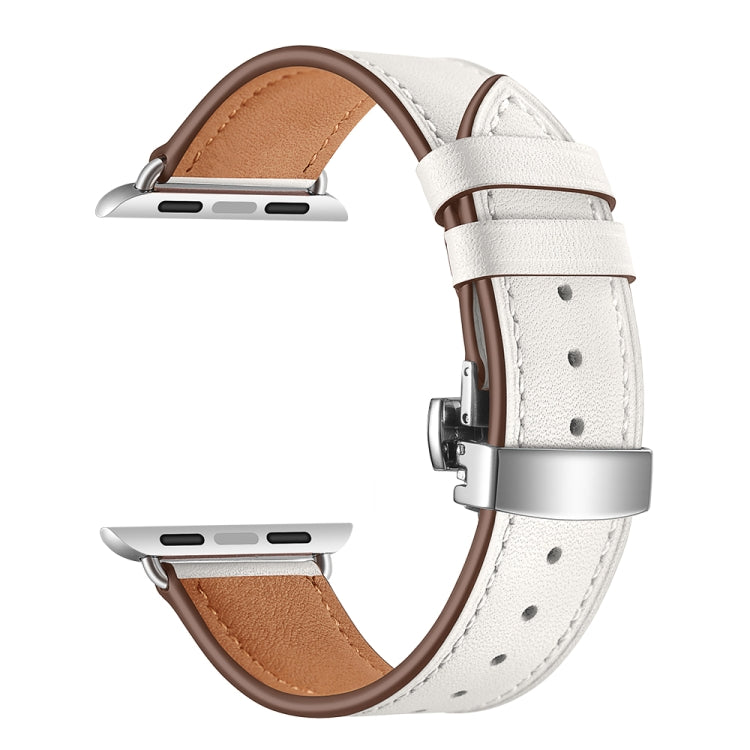 Genuine Leather + Butterfly Silver Buckle Watch Band For Apple Watch Series 7 45mm / 6 & SE & 5 & 4 44mm / 3 & 2 & 1 42mm(White) by buy2fix