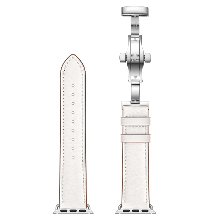 Genuine Leather + Butterfly Silver Buckle Watch Band For Apple Watch Series 7 45mm / 6 & SE & 5 & 4 44mm / 3 & 2 & 1 42mm(White) by buy2fix