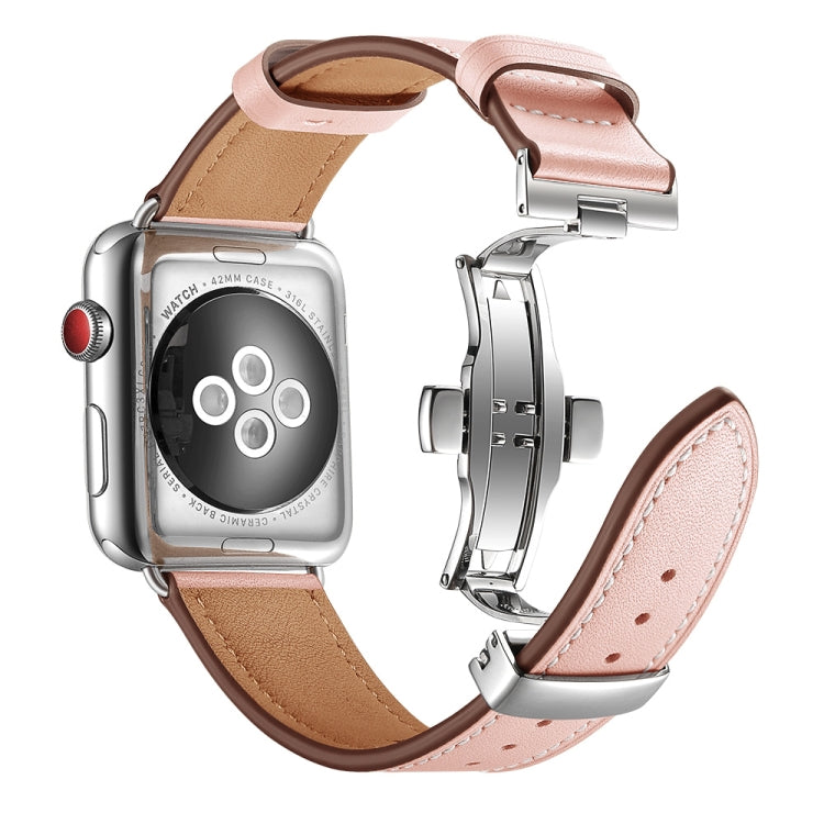 Genuine Leather + Butterfly Silver Buckle Watch Band For Apple Watch Series 7 45mm / 6 & SE & 5 & 4 44mm / 3 & 2 & 1 42mm(Pink) by buy2fix