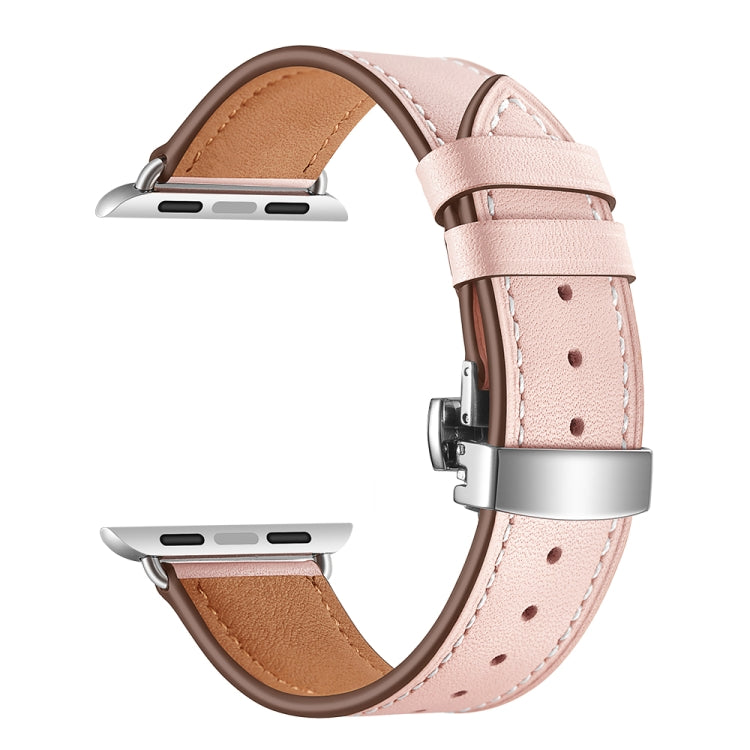 Genuine Leather + Butterfly Silver Buckle Watch Band For Apple Watch Series 7 45mm / 6 & SE & 5 & 4 44mm / 3 & 2 & 1 42mm(Pink) by buy2fix