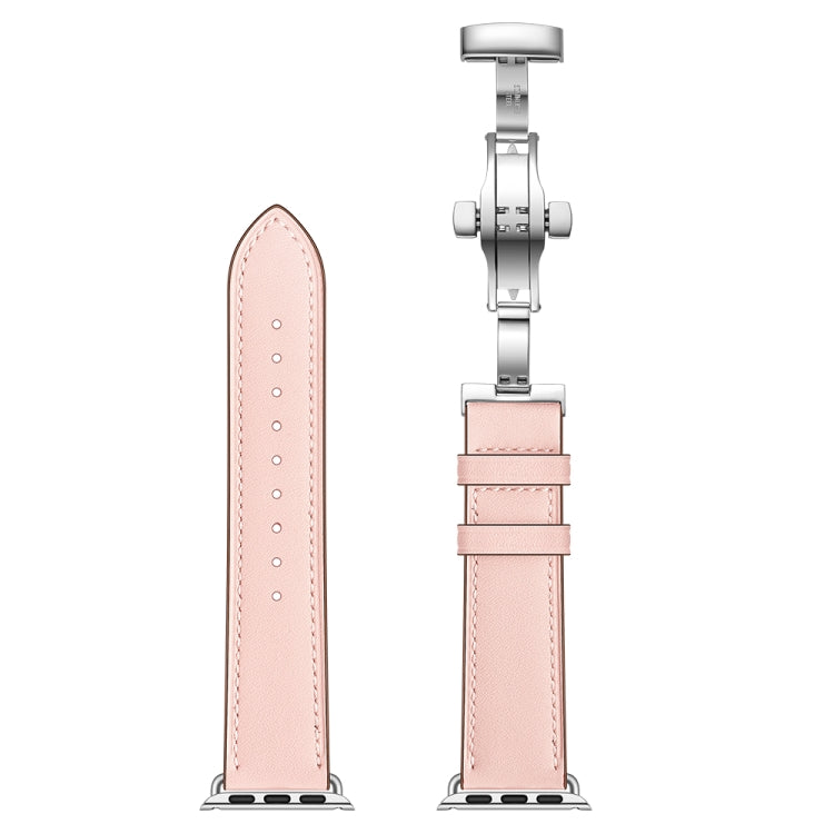 Genuine Leather + Butterfly Silver Buckle Watch Band For Apple Watch Series 7 45mm / 6 & SE & 5 & 4 44mm / 3 & 2 & 1 42mm(Pink) by buy2fix
