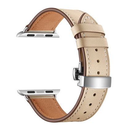 Genuine Leather + Butterfly Silver Buckle Watch Band For Apple Watch Series 7 45mm / 6 & SE & 5 & 4 44mm / 3 & 2 & 1 42mm(Apricot) by buy2fix