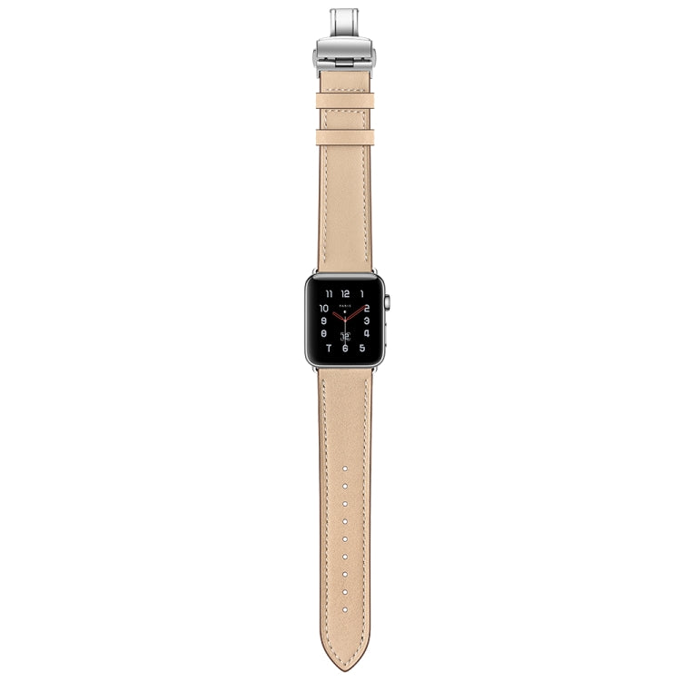Genuine Leather + Butterfly Silver Buckle Watch Band For Apple Watch Series 7 45mm / 6 & SE & 5 & 4 44mm / 3 & 2 & 1 42mm(Apricot) by buy2fix