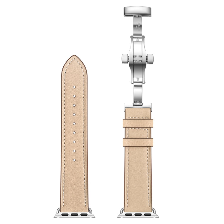 Genuine Leather + Butterfly Silver Buckle Watch Band For Apple Watch Series 7 45mm / 6 & SE & 5 & 4 44mm / 3 & 2 & 1 42mm(Apricot) by buy2fix