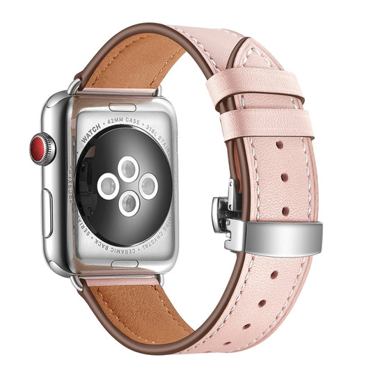 Genuine Leather + Butterfly Silver Buckle Watch Band For Apple Watch Series 7 41mm / 6 & SE & 5 & 4 40mm / 3 & 2 & 1 38mm(Pink) by buy2fix