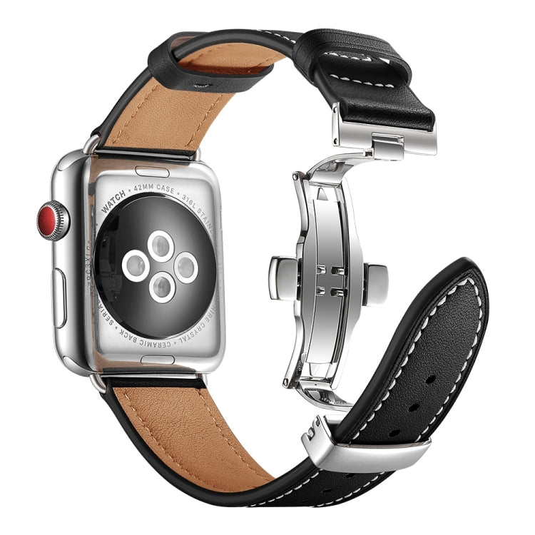 Genuine Leather + Butterfly Silver Buckle Watch Band For Apple Watch Series 7 41mm / 6 & SE & 5 & 4 40mm / 3 & 2 & 1 38mm(Black) by buy2fix