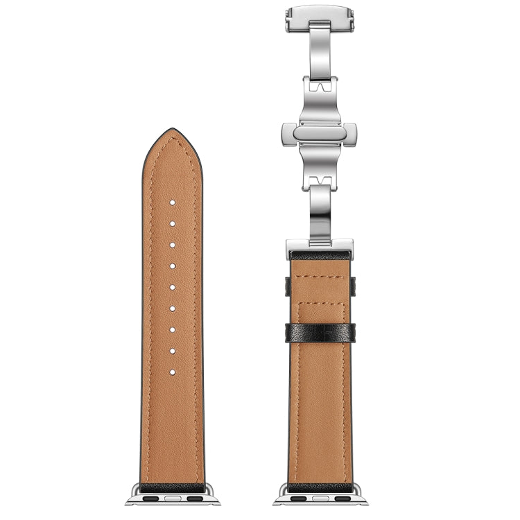 Genuine Leather + Butterfly Silver Buckle Watch Band For Apple Watch Series 7 41mm / 6 & SE & 5 & 4 40mm / 3 & 2 & 1 38mm(Black) by buy2fix