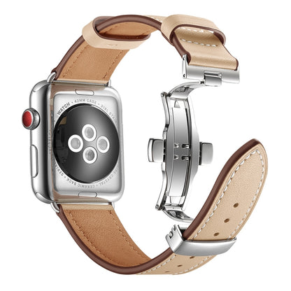 Genuine Leather + Butterfly Silver Buckle Watch Band For Apple Watch Series 7 41mm / 6 & SE & 5 & 4 40mm / 3 & 2 & 1 38mm(Apricot) by buy2fix