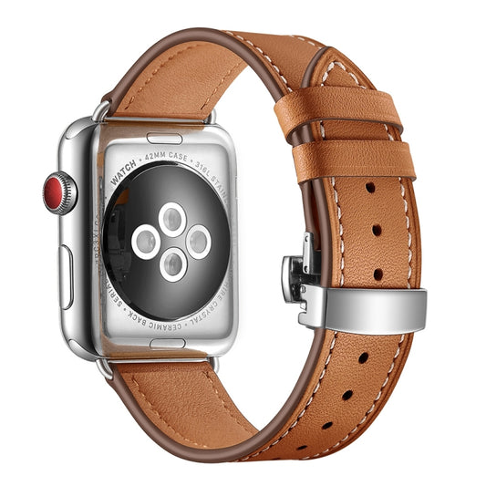 Genuine Leather + Butterfly Silver Buckle Watch Band For Apple Watch Series 7 41mm / 6 & SE & 5 & 4 40mm / 3 & 2 & 1 38mm(Brown) by buy2fix