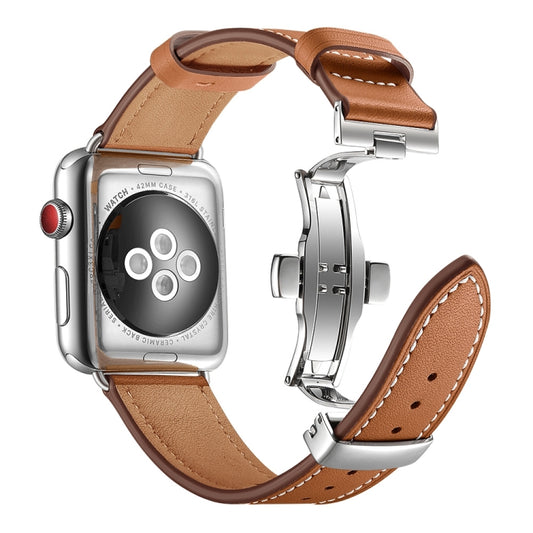 Genuine Leather + Butterfly Silver Buckle Watch Band For Apple Watch Series 7 41mm / 6 & SE & 5 & 4 40mm / 3 & 2 & 1 38mm(Brown) by buy2fix