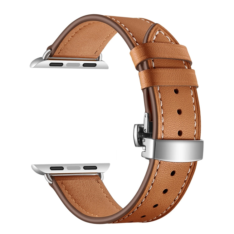 Genuine Leather + Butterfly Silver Buckle Watch Band For Apple Watch Series 7 41mm / 6 & SE & 5 & 4 40mm / 3 & 2 & 1 38mm(Brown) by buy2fix