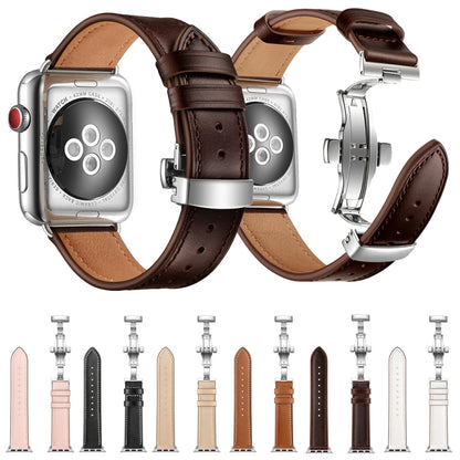 Genuine Leather + Butterfly Silver Buckle Watch Band For Apple Watch Series 7 41mm / 6 & SE & 5 & 4 40mm / 3 & 2 & 1 38mm(Pink) by buy2fix