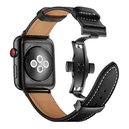 Genuine Leather + Butterfly Black Buckle Watch Band For Apple Watch Series 7 45mm / 6 & SE & 5 & 4 44mm / 3 & 2 & 1 42mm(Black) by buy2fix