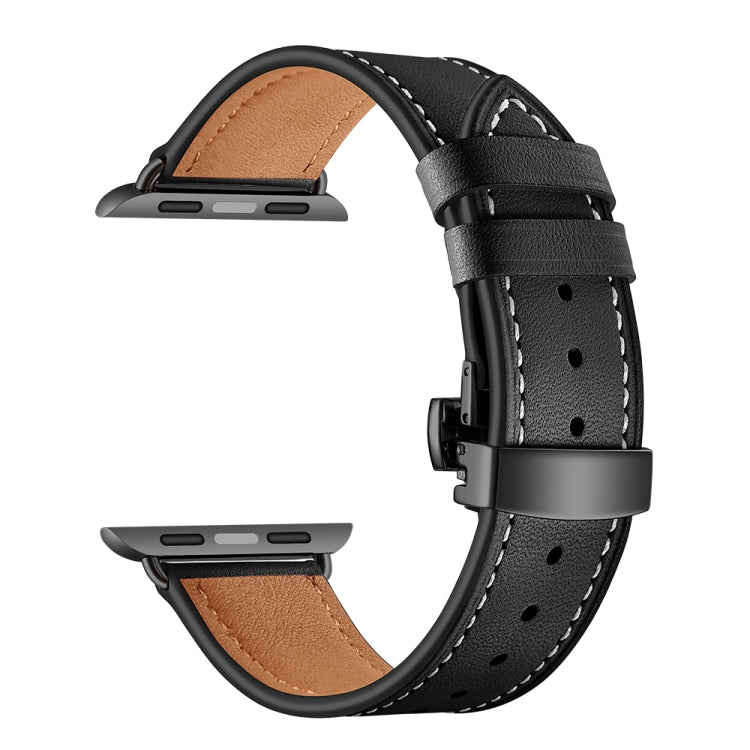 Genuine Leather + Butterfly Black Buckle Watch Band For Apple Watch Series 7 45mm / 6 & SE & 5 & 4 44mm / 3 & 2 & 1 42mm(Black) by buy2fix