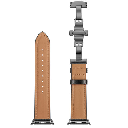 Genuine Leather + Butterfly Black Buckle Watch Band For Apple Watch Series 7 45mm / 6 & SE & 5 & 4 44mm / 3 & 2 & 1 42mm(Black) by buy2fix