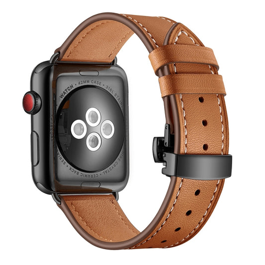 Genuine Leather + Butterfly Black Buckle Watch Band For Apple Watch Series 7 45mm / 6 & SE & 5 & 4 44mm / 3 & 2 & 1 42mm(Brown) by buy2fix