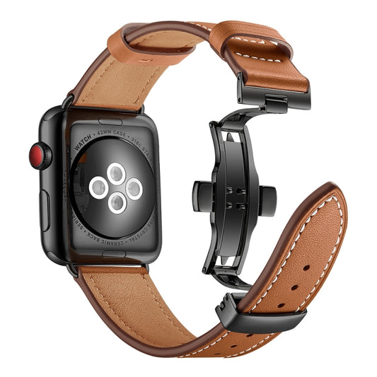 Genuine Leather + Butterfly Black Buckle Watch Band For Apple Watch Series 7 45mm / 6 & SE & 5 & 4 44mm / 3 & 2 & 1 42mm(Brown) by buy2fix