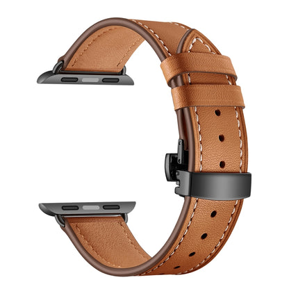 Genuine Leather + Butterfly Black Buckle Watch Band For Apple Watch Series 7 45mm / 6 & SE & 5 & 4 44mm / 3 & 2 & 1 42mm(Brown) by buy2fix
