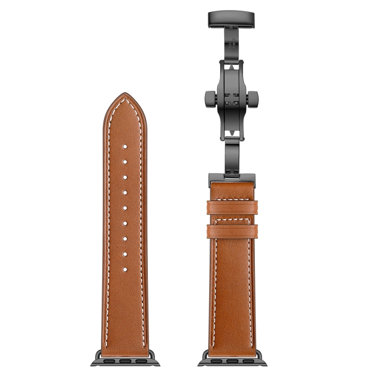Genuine Leather + Butterfly Black Buckle Watch Band For Apple Watch Series 7 45mm / 6 & SE & 5 & 4 44mm / 3 & 2 & 1 42mm(Brown) by buy2fix