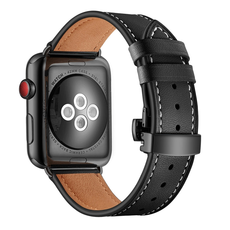 Genuine Leather + Butterfly Black Buckle Watch Band For Apple Watch Series 9&8&7 41mm / SE 3&SE 2&6&SE&5&4 40mm / 3&2&1 38mm(Black) by buy2fix