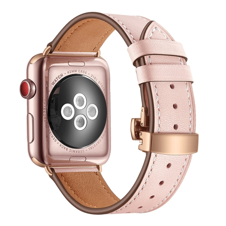 Genuine Leather + Butterfly Rose Gold Buckle Watch Band For Apple Watch Series 9&8&7 41mm / SE 3&SE 2&6&SE&5&4 40mm / 3&2&1 38mm(Pink) - Watch Bands by buy2fix | Online Shopping UK | buy2fix