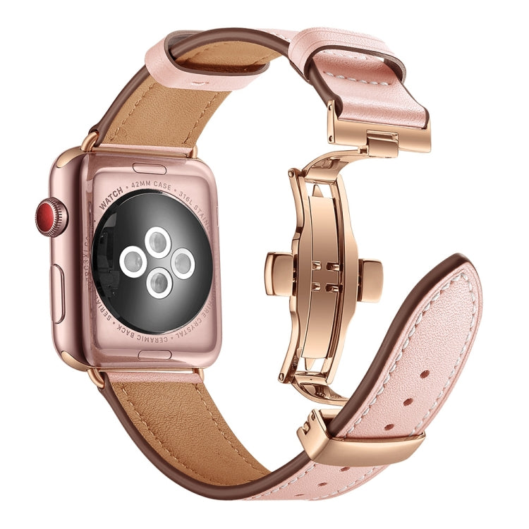 Genuine Leather + Butterfly Rose Gold Buckle Watch Band For Apple Watch Series 9&8&7 41mm / SE 3&SE 2&6&SE&5&4 40mm / 3&2&1 38mm(Pink) - Watch Bands by buy2fix | Online Shopping UK | buy2fix