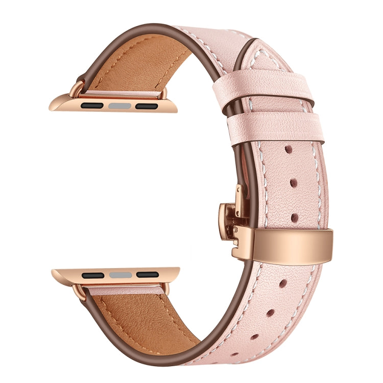 Genuine Leather + Butterfly Rose Gold Buckle Watch Band For Apple Watch Series 9&8&7 41mm / SE 3&SE 2&6&SE&5&4 40mm / 3&2&1 38mm(Pink) - Watch Bands by buy2fix | Online Shopping UK | buy2fix