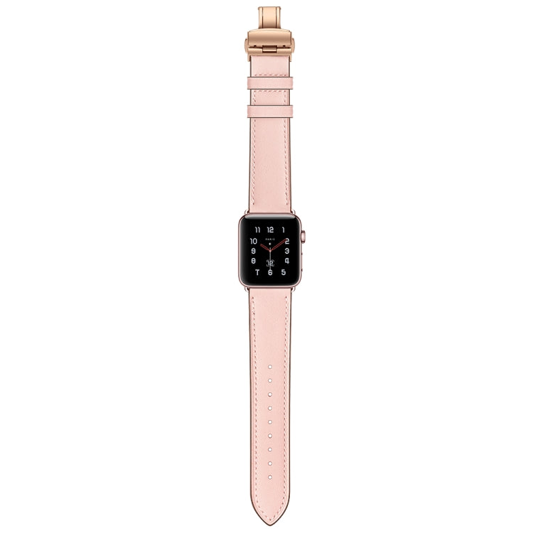 Genuine Leather + Butterfly Rose Gold Buckle Watch Band For Apple Watch Series 9&8&7 41mm / SE 3&SE 2&6&SE&5&4 40mm / 3&2&1 38mm(Pink) - Watch Bands by buy2fix | Online Shopping UK | buy2fix