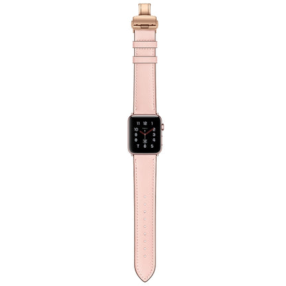 Genuine Leather + Butterfly Rose Gold Buckle Watch Band For Apple Watch Series 9&8&7 41mm / SE 3&SE 2&6&SE&5&4 40mm / 3&2&1 38mm(Pink) - Watch Bands by buy2fix | Online Shopping UK | buy2fix