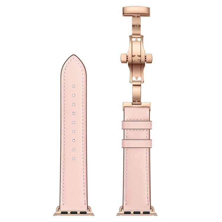 Genuine Leather + Butterfly Rose Gold Buckle Watch Band For Apple Watch Series 9&8&7 41mm / SE 3&SE 2&6&SE&5&4 40mm / 3&2&1 38mm(Pink) - Watch Bands by buy2fix | Online Shopping UK | buy2fix