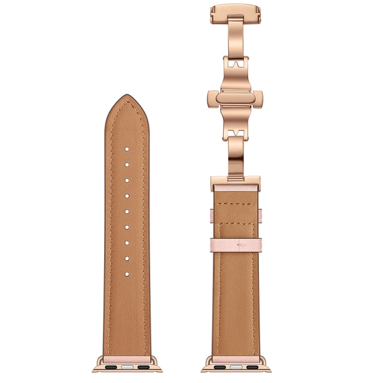 Genuine Leather + Butterfly Rose Gold Buckle Watch Band For Apple Watch Series 9&8&7 41mm / SE 3&SE 2&6&SE&5&4 40mm / 3&2&1 38mm(Pink) - Watch Bands by buy2fix | Online Shopping UK | buy2fix