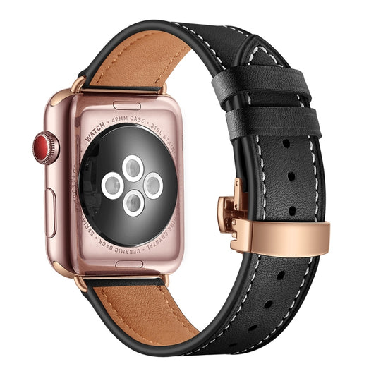 Genuine Leather + Butterfly Rose Gold Buckle Watch Band For Apple Watch Series 7 41mm / 6 & SE & 5 & 4 40mm / 3 & 2 & 1 38mm(Black) - Watch Bands by buy2fix | Online Shopping UK | buy2fix