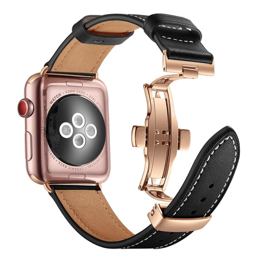 Genuine Leather + Butterfly Rose Gold Buckle Watch Band For Apple Watch Series 7 41mm / 6 & SE & 5 & 4 40mm / 3 & 2 & 1 38mm(Black) - Watch Bands by buy2fix | Online Shopping UK | buy2fix
