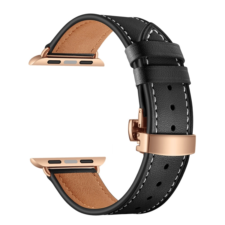Genuine Leather + Butterfly Rose Gold Buckle Watch Band For Apple Watch Series 7 41mm / 6 & SE & 5 & 4 40mm / 3 & 2 & 1 38mm(Black) - Watch Bands by buy2fix | Online Shopping UK | buy2fix