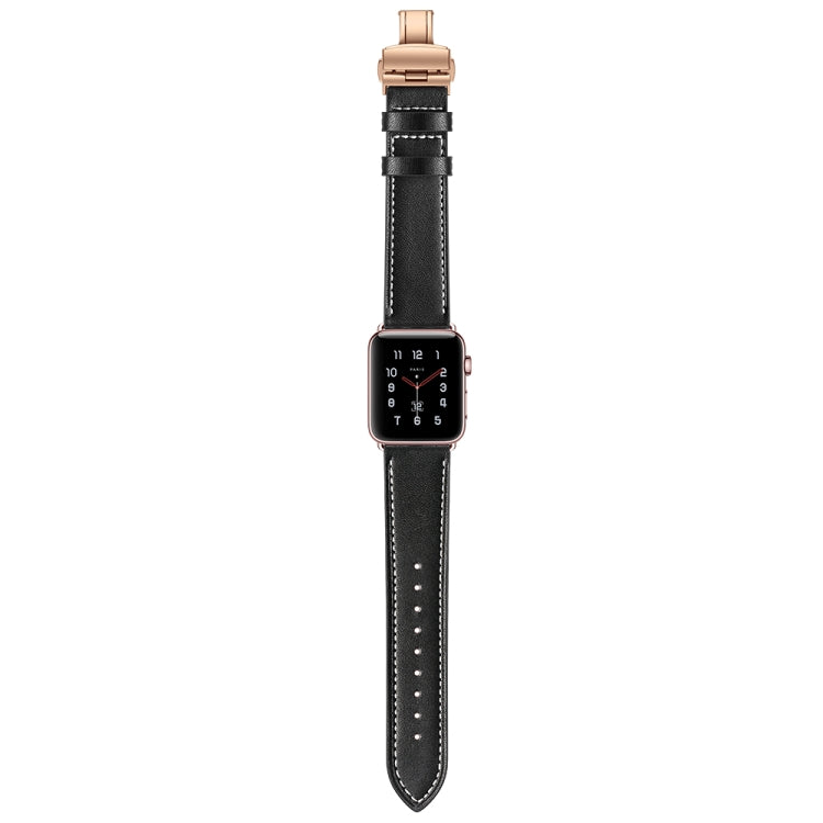 Genuine Leather + Butterfly Rose Gold Buckle Watch Band For Apple Watch Series 7 41mm / 6 & SE & 5 & 4 40mm / 3 & 2 & 1 38mm(Black) - Watch Bands by buy2fix | Online Shopping UK | buy2fix